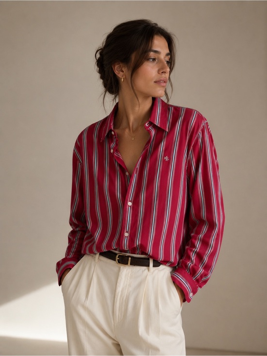 Ralph Lauren Tops - Vintage Ralph Lauren Y2K Striped Button-Up Shirt in Berry Red Quietluxury